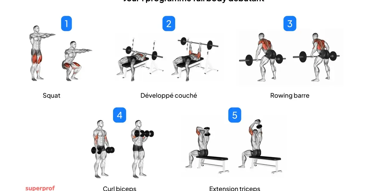 Jour 1 programme full body débutant : Squat, développé couché, rowing barre, curl biceps, extension triceps. Idéal pour un programme musculation débutant.