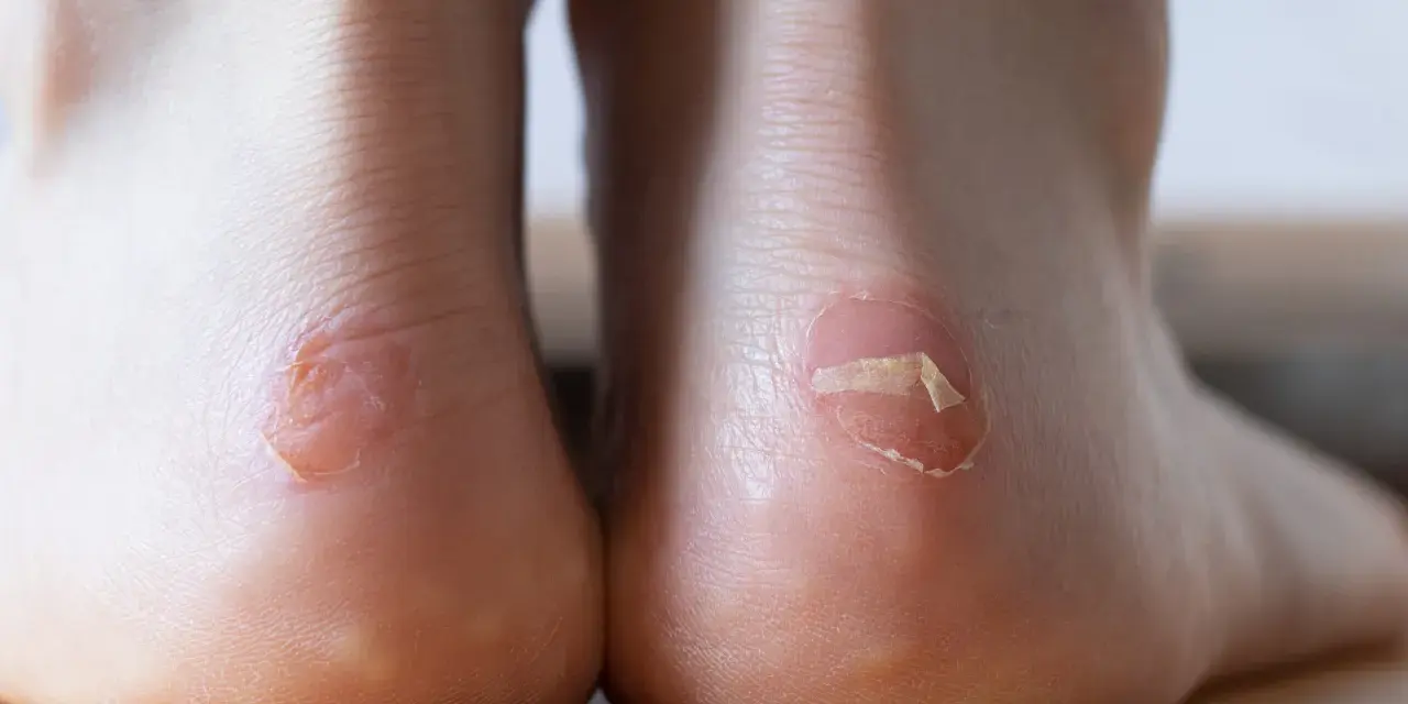 Gros plan sur deux talons avec des ampoules, l'une ouverte et l'autre en voie de guérison. Combien de temps dure une ampoule au pied ? Cela dépend de la gravité et des soins.