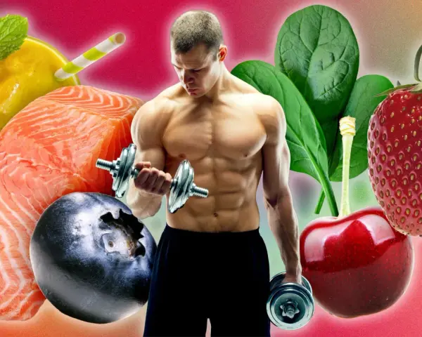 Un athlète musclé soulève des haltères, entouré d'aliments sains comme le saumon, les baies et les épinards, parfaits pour un régime anti inflammatoire avant sport.