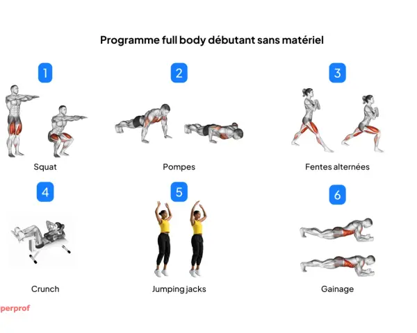 Programme de musculation maison pour débutants : squats, pompes, fentes, crunchs, jumping jacks et gainage.