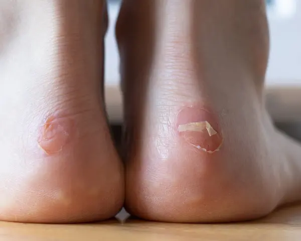 Gros plan sur deux talons avec des ampoules, l'une ouverte et l'autre en voie de guérison. Combien de temps dure une ampoule au pied ? Cela dépend de la gravité et des soins.