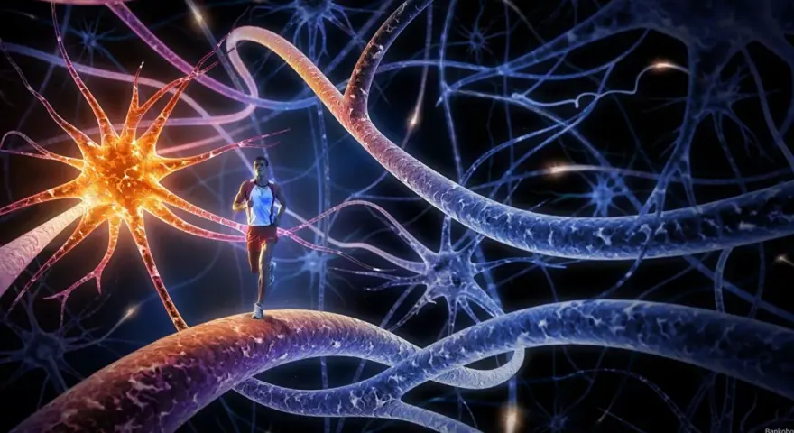 Un coureur stimule son cerveau, libérant des endorphines. Le sport, une connexion neuronale vibrante.