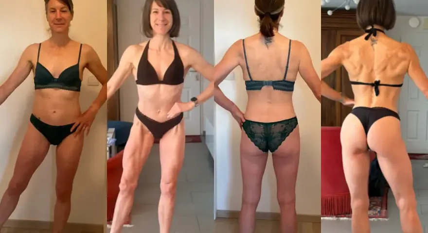 Femme musclée, 50 ans, en lingerie. Elle montre sa silhouette athlétique sous différents angles, fière de ses progrès.