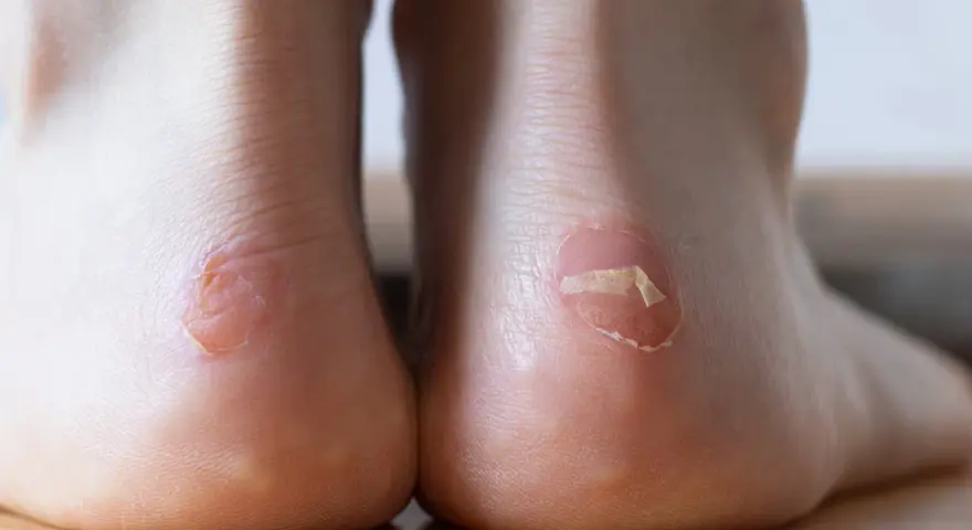 Gros plan sur deux talons avec des ampoules, l'une ouverte et l'autre en voie de guérison. Combien de temps dure une ampoule au pied ? Cela dépend de la gravité et des soins.