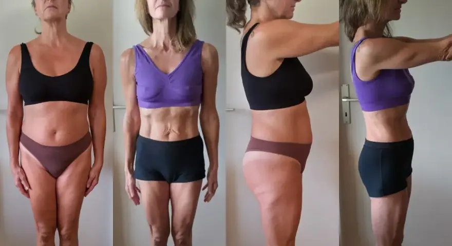 Transformation d'une femme après 50 ans : avant/après, montrant les résultats d'un programme pour se muscler.