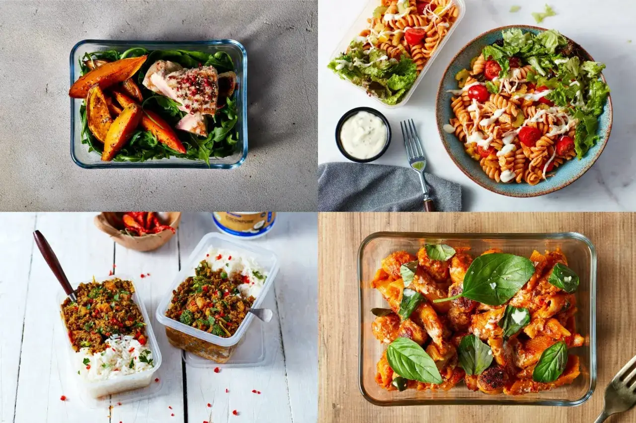Quatre repas préparés pour manger sainement : poisson et patates douces, pâtes à la sauce tomate et salade, curry de viande et riz, pâtes au poulet et basilic.