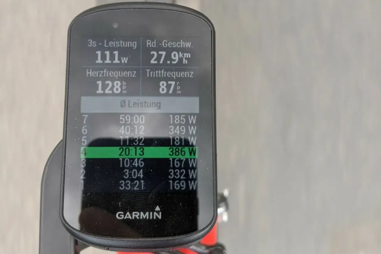 &Eacute;cran Garmin affichant les donn&eacute;es d'un cycliste : 111W, 27.9km/h, 128 bpm, 87 rpm. La ligne 4 affiche 20:13 et 386W, une mesure pour un test FTP.