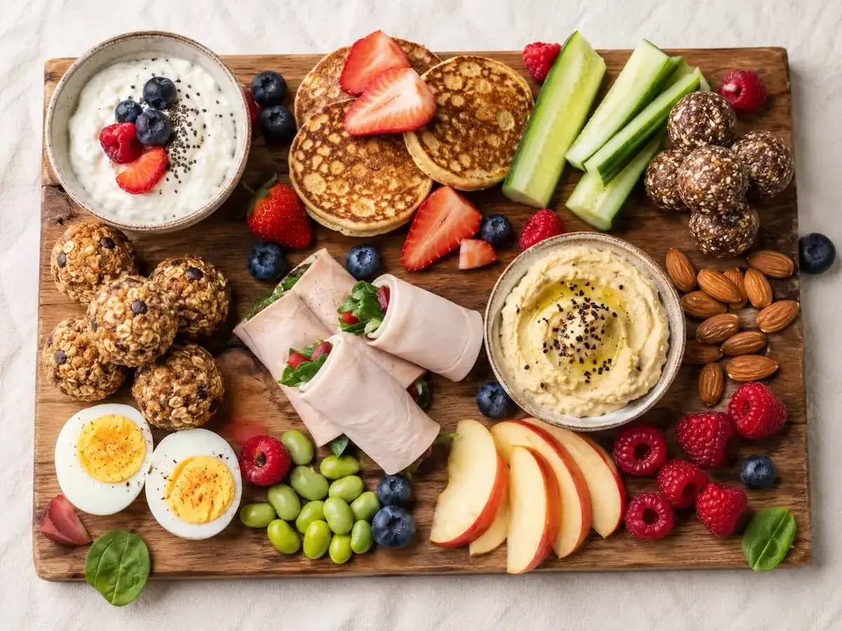 Plateau repas post-entraînement : yaourt, pancakes, œufs, roulés de dinde, houmous, fruits et boules d'énergie. Parfait pour une collation après sport.