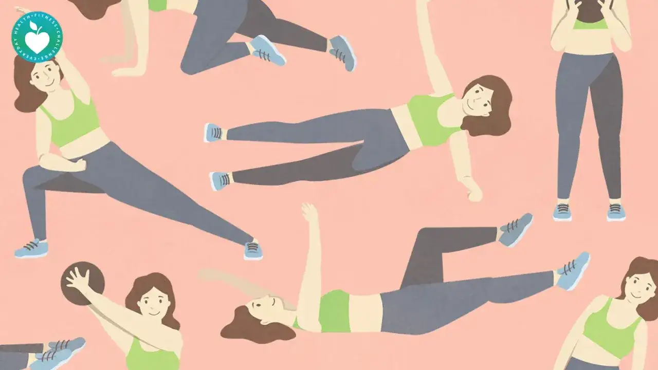 Illustrations de femmes pratiquant divers exercices, dont un exercice oblique.