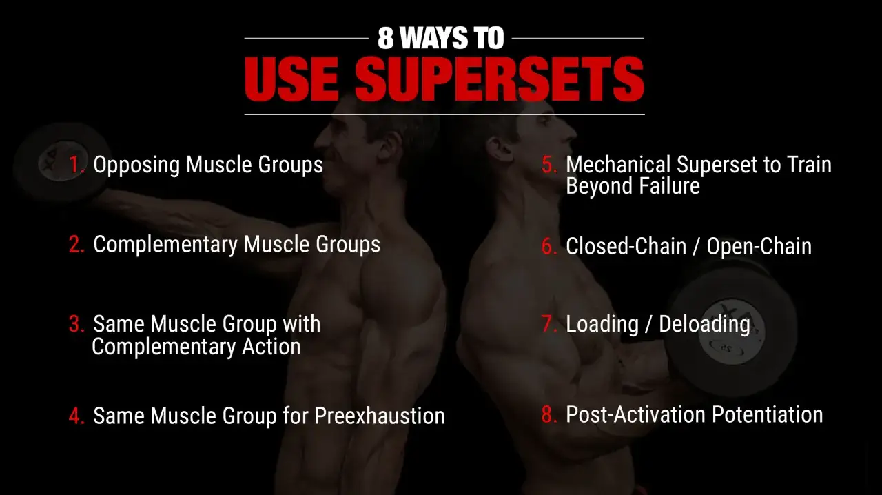 8 façons d'utiliser les supersets musculation : groupes musculaires opposés, complémentaires, ou même groupe pour pré-épuisement.