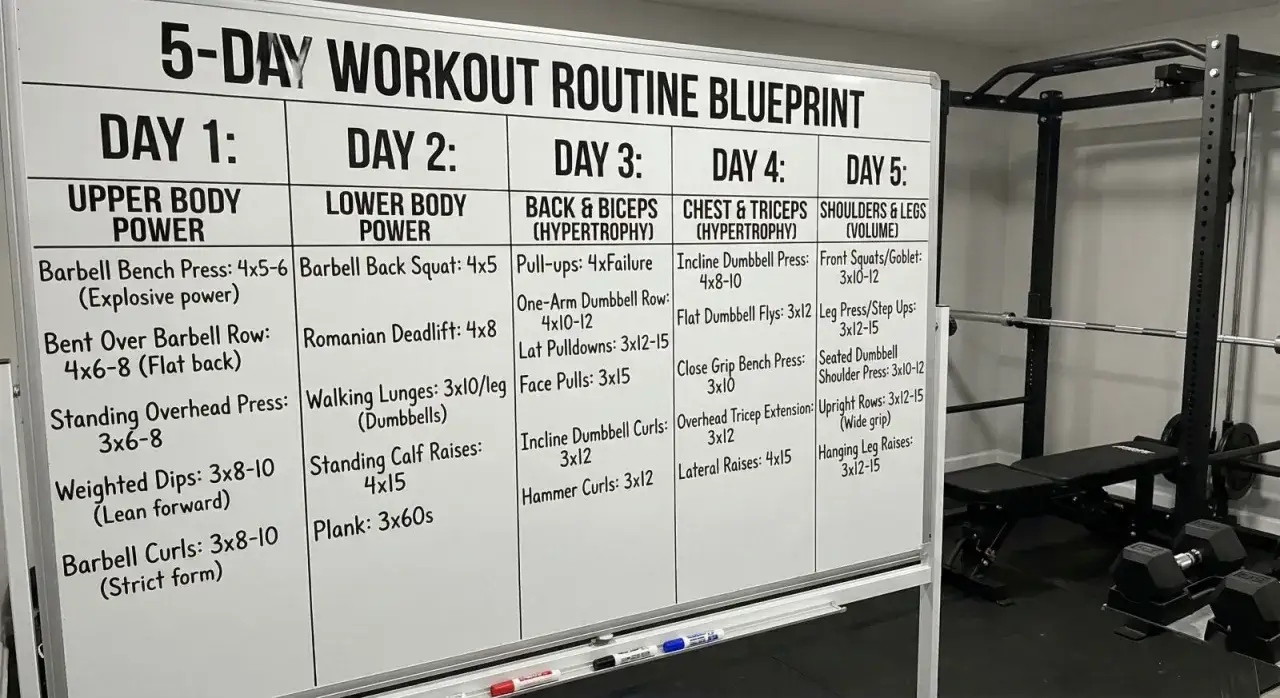 Plan d'entraînement sur 5 jours. Le renforcement musculaire combien de fois par semaine est détaillé pour chaque groupe musculaire.