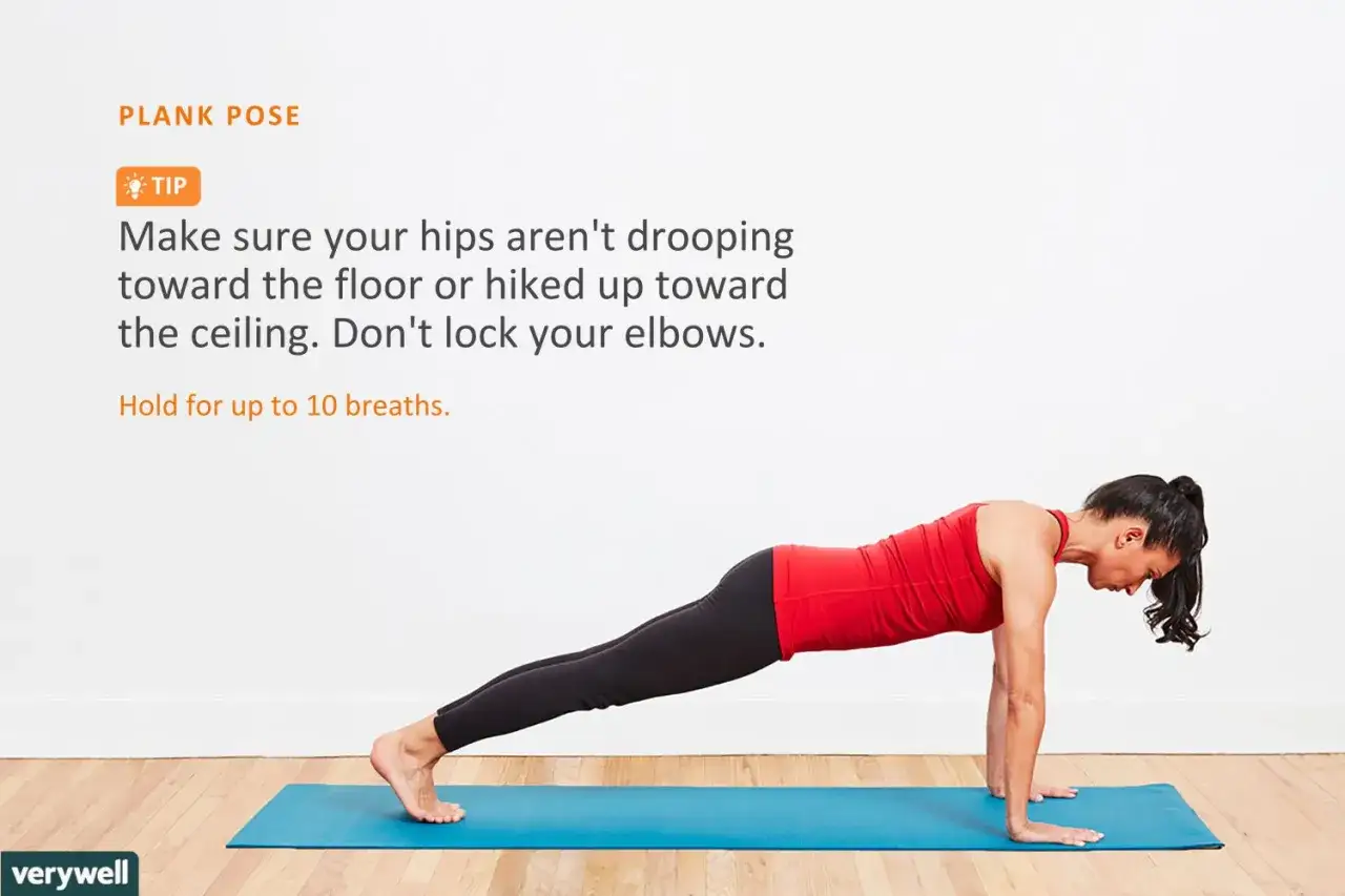 Femme en gainage planche, corps droit, sur un tapis bleu. Le conseil : garder les hanches align&eacute;es.