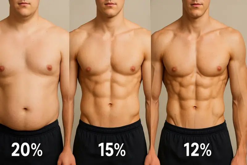 Trois hommes montrent leur progression : 20%, 15% et 12% de masse grasse. La musculation sèche et une alimentation contrôlée, incluant les glucides, transforment le corps.
